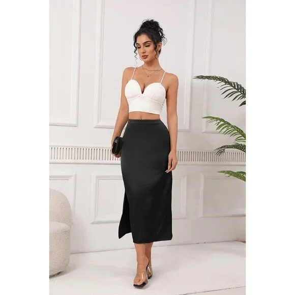 Women's Black Satin Elastic Silk Slip A Line Flowy Ruffle Cocktail Midi Skirt